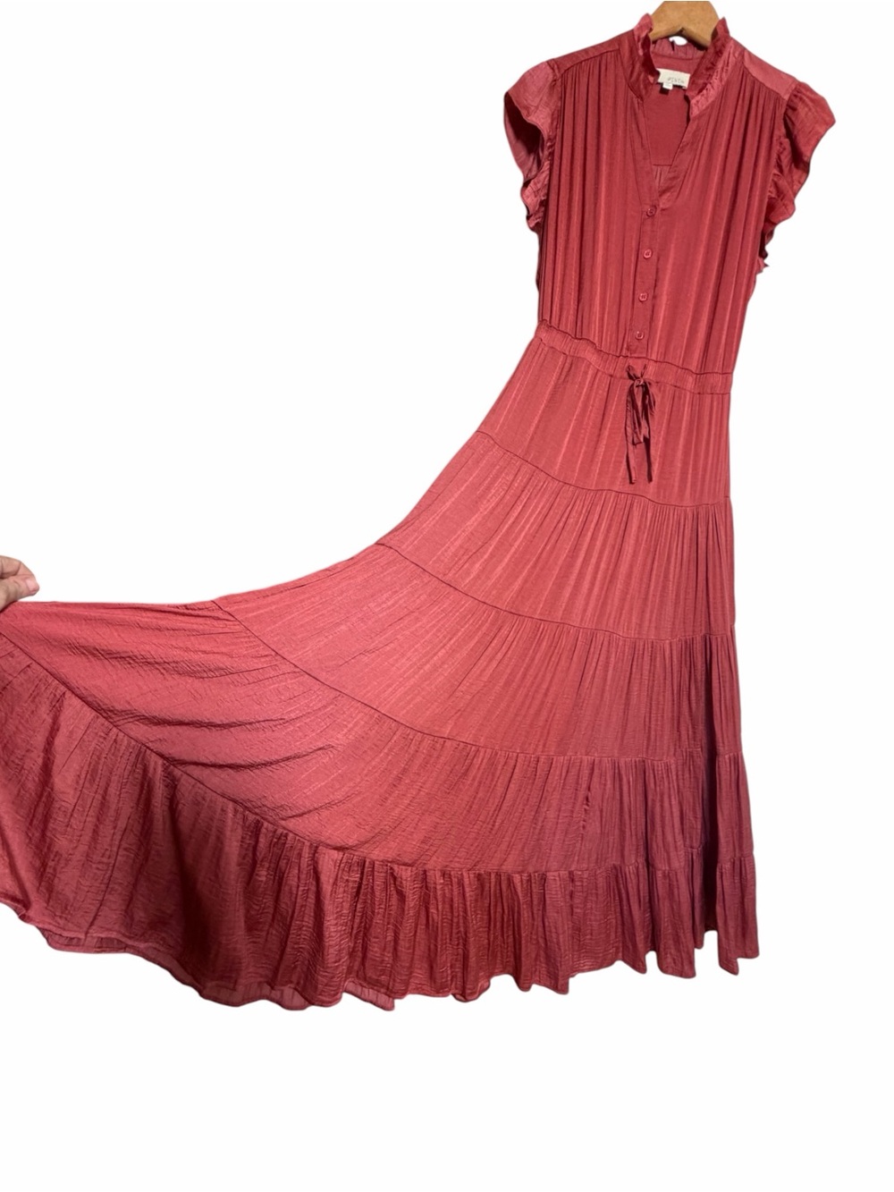 PINCH Mauve Tiered Maxi Dress Boho Flutter Sleeve Prairie Cottagecore M - Picture 4 of 9